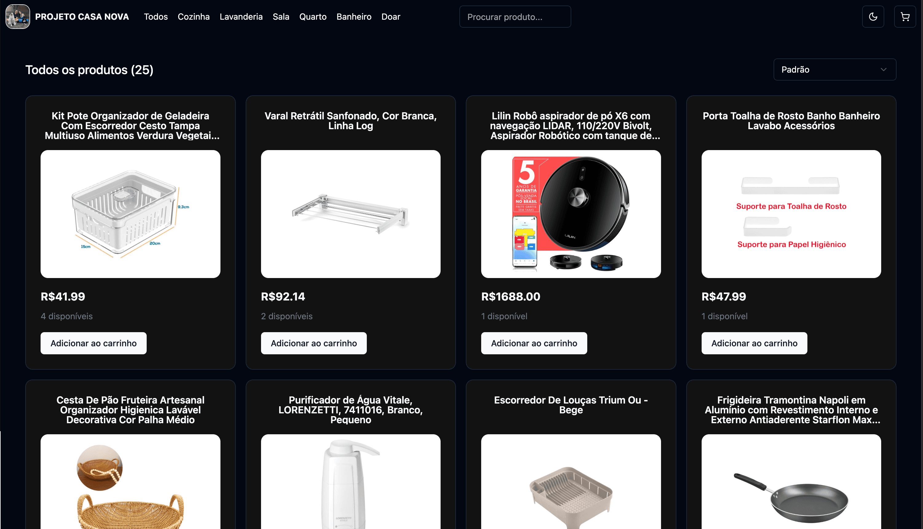 Home Sweet Home product grid in the dark theme