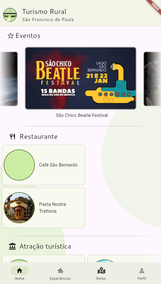Turismo Rural app home screen with the events carousel